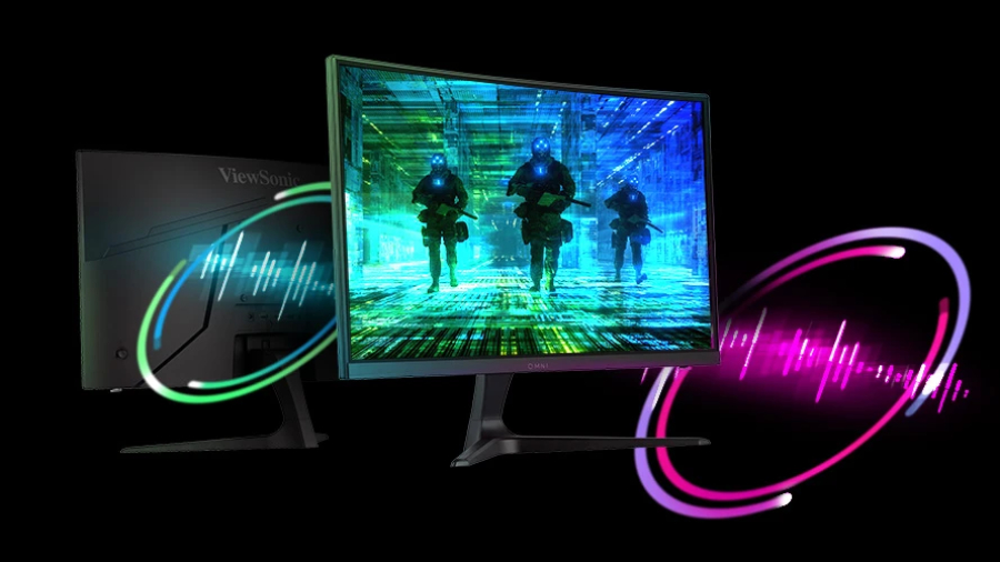 Přední a zadní pohled na herní monitor ViewSonic VX3218-PC-MHD se zakřiveným displejem a herním motivem na černé pozadí.