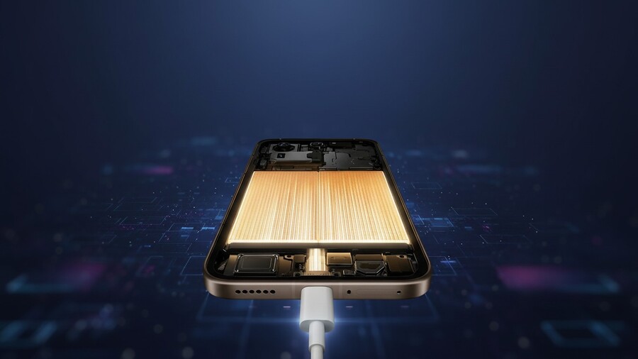 Průřez chytrým telefonem Xiaomi 15T Pro ukazující svítící baterii během nabíjení kabelem USB-C.