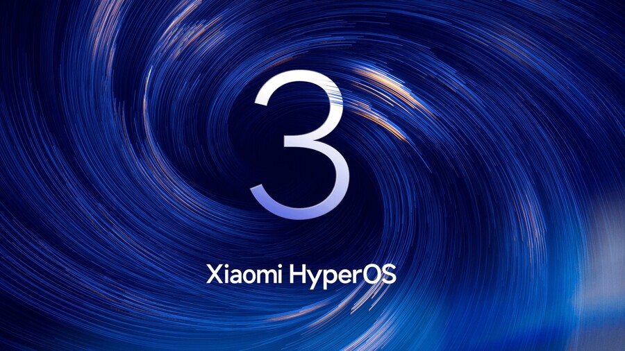 Grafické znázornění systému Xiaomi HyperOS 3, který běží v telefonu Xiaomi 15T Pro, na abstraktním modrém podkladu.
