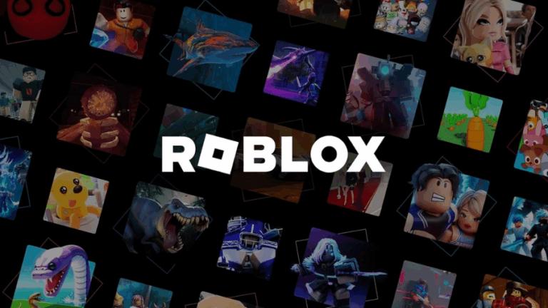 Logo hry Roblox a na pozadí některé skiny a hry z této platformy