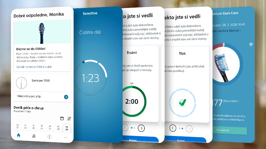 Obrazovky znázorňující používání mobilní aplikace Philips Sonicare.