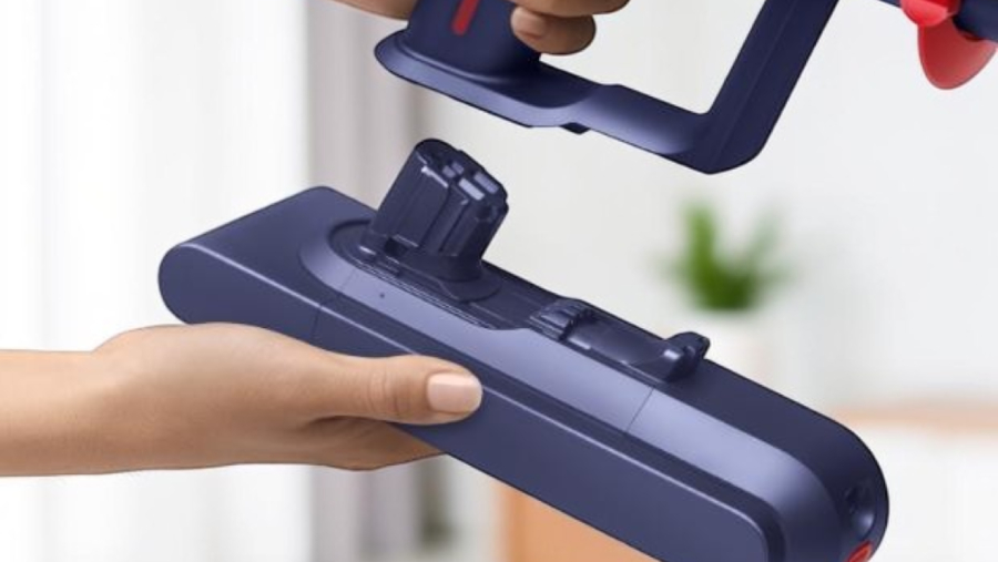 Detailní pohled na snadnou výměnu nacvakávací baterie vysavače Dyson Gen5detect Absolute, která vám umožní okamžitě pokračovat v úklidu s náhradním zdrojem.