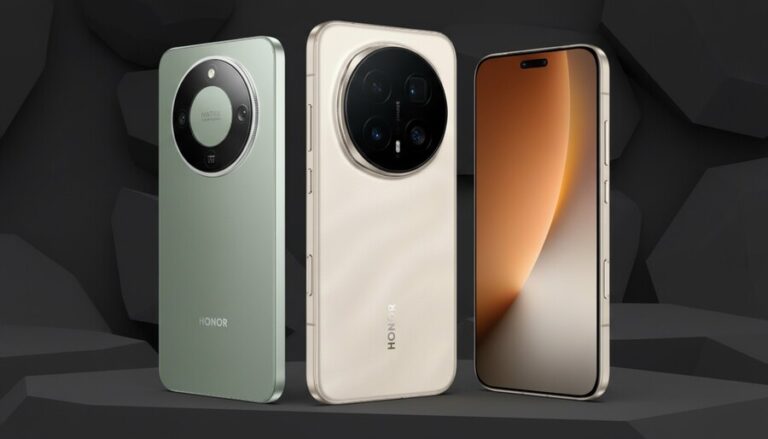 Srovnání HONOR telefonu: Detailní pohled na dva telefony Honor s matným a texturovaným povrchem zadních panelů a komplexními kruhovými fotoaparáty, doplněný o telefon ukazující čelní displej.