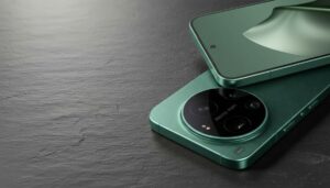 Srovnání Xiaomi telefonů: Dva zelené smartphony Xiaomi 17 Ultra na břidlici, ukazující fotoaparát Leica a obrazovku.