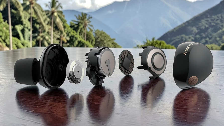 Tento technický snímek ukazuje rozložené vnitřní komponenty sluchátek Sony WF-1000XM5 včetně měniče Dynamic Driver X a procesorů. Detailní pohled odhaluje precizní skládačku technologií ukrytou v malém černém těle s logem výrobce na pozadí tropické přírody.