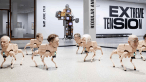 Robotičtí psi s hlavami technologických i uměleckých velikánů se procházeli po berlínské galerii