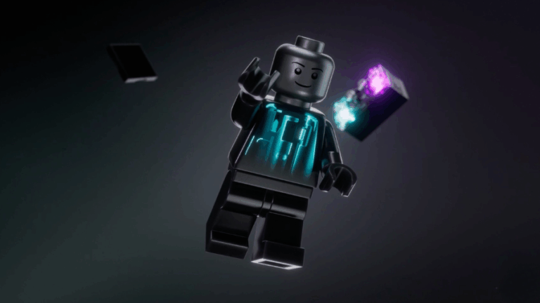 LEGO Smart Brick panáček a kostka na černém pozadí.