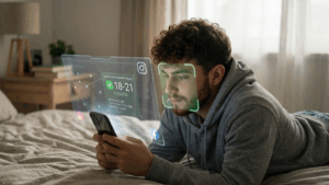 Snímek mladého muže na telefonu, přes jehož tvář se vznáší holografický skener a potvrzeným věkem 18–21 let. Scéna zachycuje analýzu biometrických dat a kontextových stop v domácím prostředí.