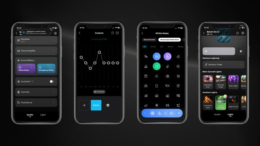 Čtyři obrazovky mobilní aplikace pro přenosný reproduktor soundcore Boom Go 3i ukazující nastavení ekvalizéru, zvuky přírody a světelné režimy.