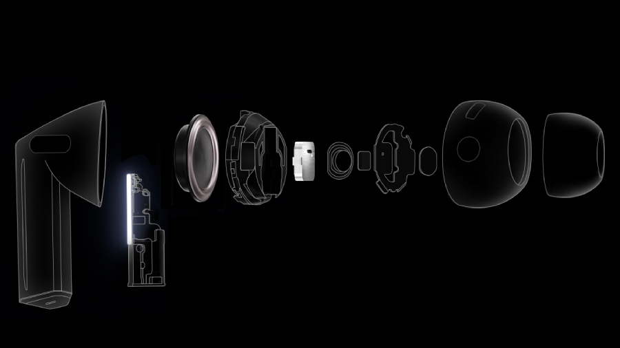 Schéma vnitřního uspořádání a hardwarových komponentů bezdrátového sluchátka Samsung Galaxy Buds3 Pro v rozloženém stavu na černém podkladu.