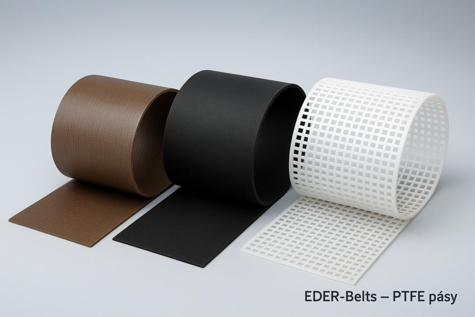 Tři role průmyslových dopravníkových pásů EDER-Belts: hnědý plný pás, černý antistatický pás a bílý síťový PTFE pás na šedém pozadí.