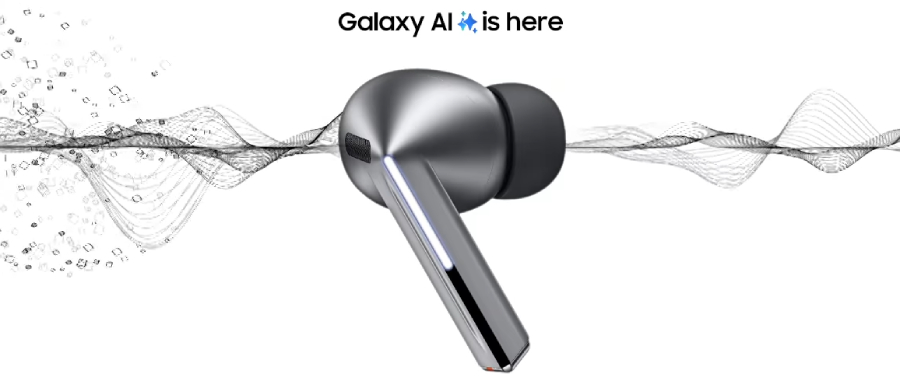 Stříbrné bezdrátové sluchátko Samsung Galaxy Buds3 Pro na bílém pozadí s grafickou vizualizací zvukových vln na pozadí a reklamním nápisem „Galaxy AI is here“ s ikonou hvězdiček.
