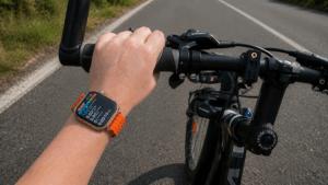 Detailní pohled na chytré hodinky Huawei Watch Fit 5 Pro s výrazným oranžovým řemínkem na zápěstí cyklisty držícího řídítka kola na asfaltové silnici.