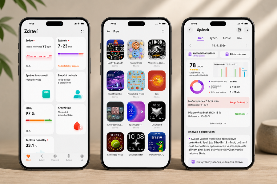 Tři chytré telefony zobrazující mobilní aplikaci pro hodinky Huawei Watch Fit 5 Pro: hlavní přehled zdraví, obchod s ciferníky a detailní analýzu spánku.