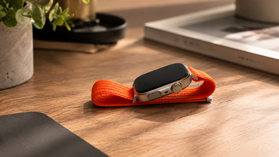 Boční pohled na chytré hodinky Huawei Watch Fit 5 Pro s oranžovým textilním řemínkem, volně položené na dřevěném stole v prosvětleném interiéru.