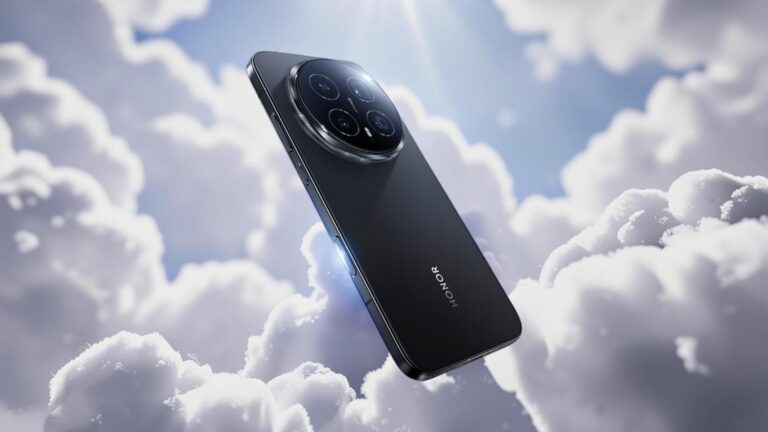 Mobilní telefon Honor Magic8 Pro v tmavě šedé barvě vznášející se mezi bílými nadýchanými mraky na pozadí modré oblohy se slunečními paprsky. Detailní pohled na zadní stranu s kruhovým modulem fotoaparátů.