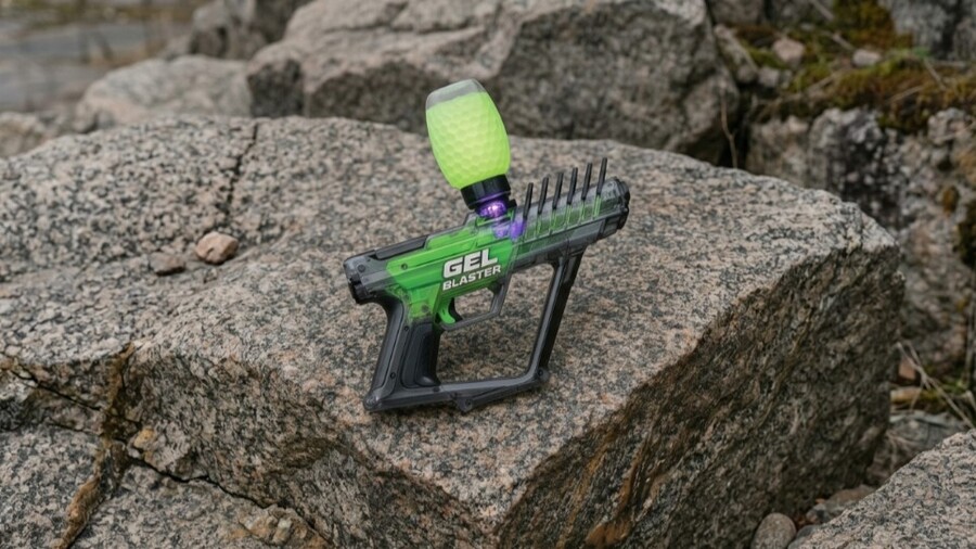 Inspirace na dárky ke Dni dětí 2026: Akční hračka Gel Blaster Surge 2.0 se zeleným zásobníkem na kuličky, umístěná na skalnatém podkladu.
