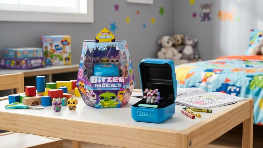 Inspirace na dárky ke Dni dětí 2026: Interaktivní hračka Bitzee Magicals – otevřené modré pouzdro s digitální postavičkou a krabice na stole v dětském pokoji.