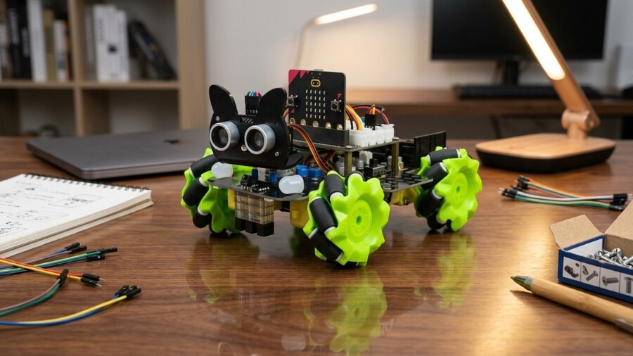 Inspirace na dárky ke Dni dětí 2026: Robotické vozítko Keyestudio Arduino 4WD Mecanum Robot Micro bit s ultrazvukovým senzorem ve tvaru očí a svítivě zelenými koly typu Mecanum položené na stole vedle poznámkového bloku.