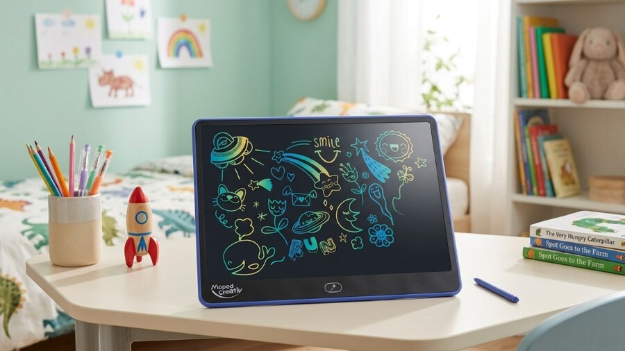 Inspirace na dárky ke Dni dětí 2026: Digitální LCD kreslicí tabulka MAPED Magical Tablet XL s barevnými malůvkami na dětském stole.