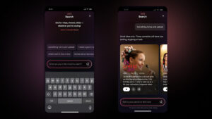 Obrázek zobrazuje dvě obrazovky chytrého telefonu s tmavým rozhraním beta verze aplikace Netflix. Na levém snímku je vyhledávací pole s výzvou „Zeptejte se na náladu, témata, tituly – cokoliv, na co máte chuť!“ a klávesnice. Na pravém snímku je výsledek hledání pro dotaz „Něco vtipného a povzbudivého“, který zobrazuje kartu filmu „Přes noc třicítkou“ s podrobným popisem a ovládacími prvky.