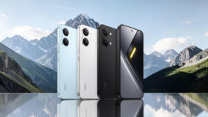 Tři barevné varianty smartphonu POCO X8 Pro Max v černé, bílé a modré barvě se zobrazením přední i zadní strany na pozadí horských štítů.