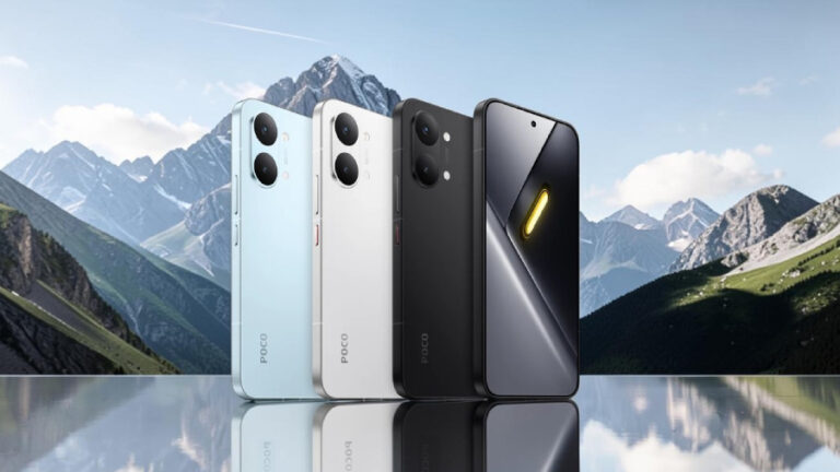 Tři barevné varianty smartphonu POCO X8 Pro Max v černé, bílé a modré barvě se zobrazením přední i zadní strany na pozadí horských štítů.