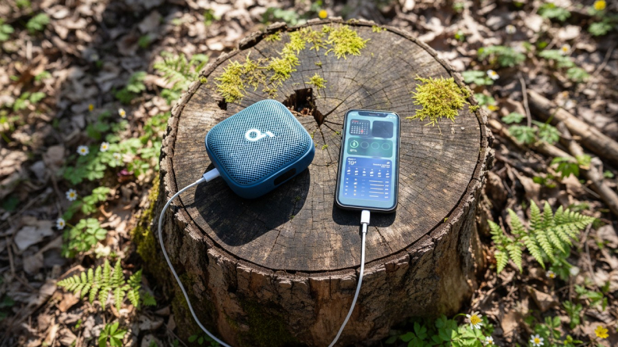 Modrý přenosný reproduktor soundcore Boom Go 3i nabíjí přes bílý kabel mobilní telefon na pařezu v lese.