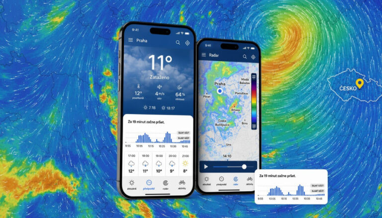 Dva iPhony zobrazují novou aplikace počasí pro iOS s předpovědí pomocí umělé inteligence a radarovou mapou na pozadí s meteorologickou mapou.