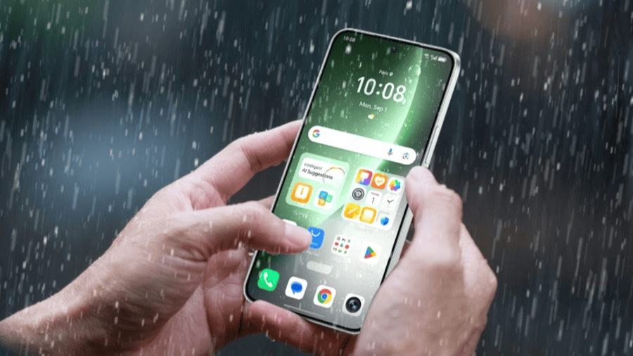Mobilní telefon Honor Magic8 Lite držený v rukách uživatele během silného deště. Detailní pohled na rozsvícený displej s kapkami vody, který demonstruje špičkovou voděodolnost s certifikací IP69K.
