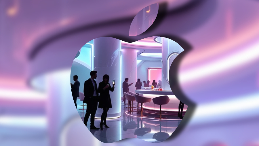 Výřez v tvaru loga Apple ukazuje elegantní lidi v luxusním klubu a symbolizuje pocit elitního statusu, na kterém staví psychologie nákupu drahé elektroniky.