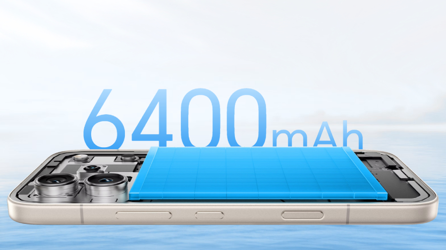 Grafické schéma odhaluje masivní modrý akumulátor uvnitř telefonu HONOR 600 Pro s vyznačenou kapacitou 6 400 mAh.