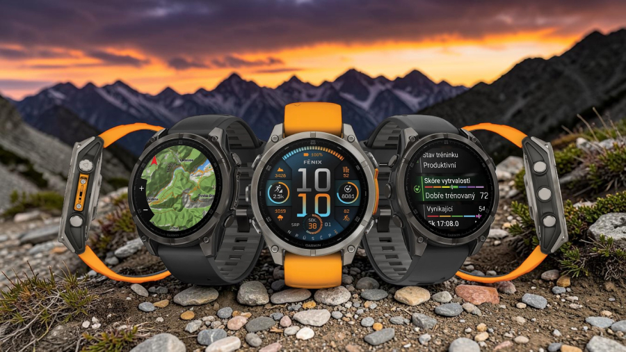 Chytré outdoorové hodinky Garmin Fenix 8 v různých provedeních položené na kamenech v horské krajině jako skvělý tip na technologický dárek pro Den otců.