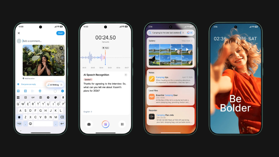 Čtyři obrazovky smartphonu Xiaomi 17 Ultra vedle sebe ukazují funkce Xiaomi HyperAI včetně AI psaní, rozpoznávání řeči, inteligentního vyhledávání v galerii a dynamické tapety.