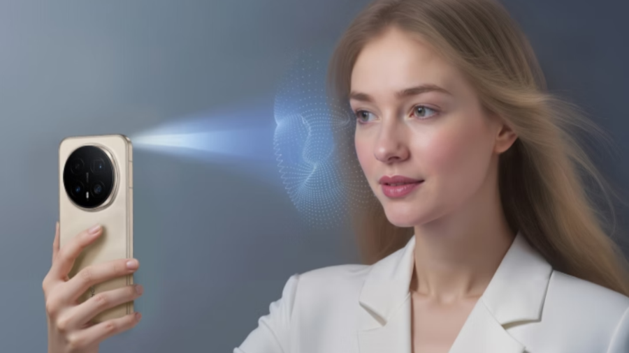 Ukázka 3D rozpoznávání obličeje na chytrém telefonu Honor Magic8 Pro, který drží žena v bílém saku.
