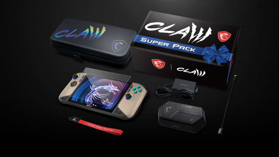 Herní handheld MSI Claw jako konkurence pro Nintendo Switch v limitovaném dárkovém balení Super Pack s pouzdrem a dokovací stanicí.