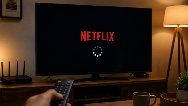 Obývací pokoj s televizí zobrazující logo Netflixu a načítací ikonu uprostřed obrazovky, v popředí je ruka držící dálkový ovladač.