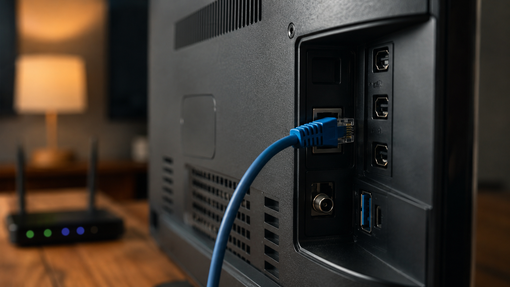 Pohled zezadu na chytrou televizi, do které je zapojen modrý ethernetový kabel pro zajištění stabilního internetového připojení.