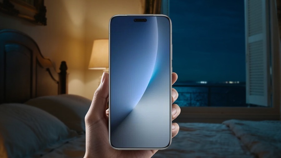 Detailní pohled na přední stranu smartphonu Honor Magic8 Pro v ruce uživatele. Noční scéna v ložnici s tlumeným světlem lampy a otevřeným oknem v pozadí.