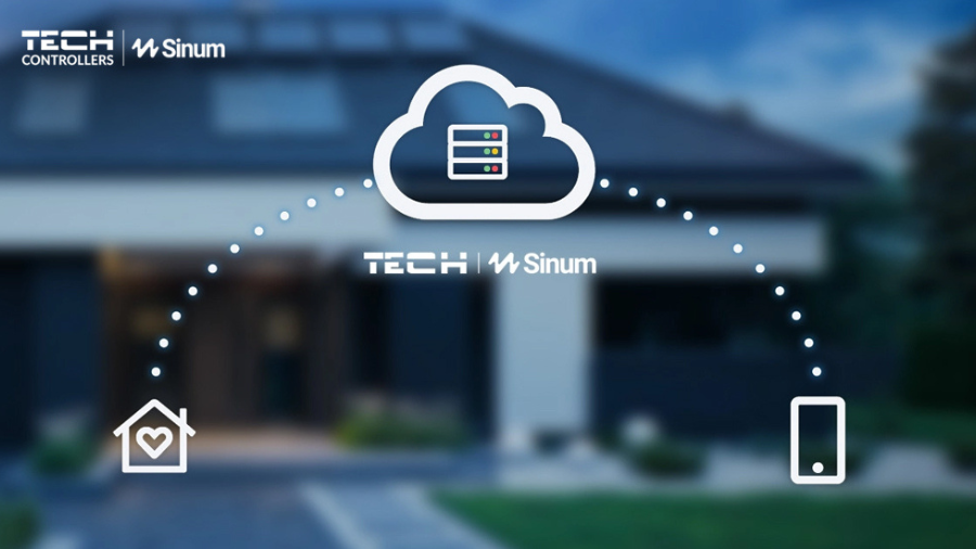Schéma znázorňující fungování cloudu v systému Sinum, kde jsou dům a mobilní telefon propojeny přes Sinum Cloud pro vzdálenou správu domácnosti.