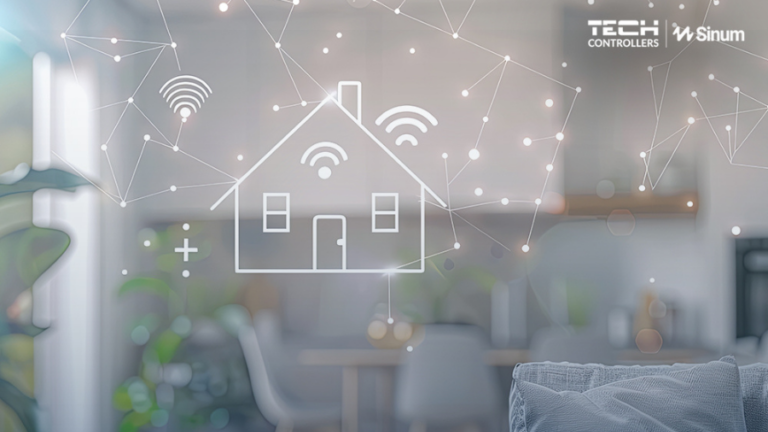 Grafické znázornění konceptu chytré domácnosti se systémem Sinum, kde ikona domu s Wi-Fi signálem a propojenými uzly symbolizuje propojený ekosystém moderního bydlení.