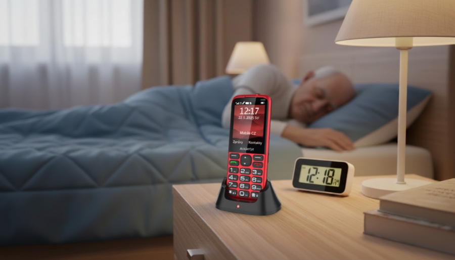 Červený tlačítkový telefon Aligator A930 jako skvělý dárek pro Den otců v nabíjecím stojánku na nočním stolku.