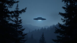 Ilustrace zachycuje tmavý diskovitý objekt ve tvaru UFO vznášející se na obloze nad zamlženým jehličnatým lesem a horským masivem během šera. Středem létajícího talíře proniká jasné bílé světlo směrem dolů a celou scénu rámují siluety stromů v popředí.