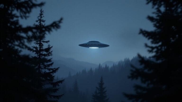 Ilustrace zachycuje tmavý diskovitý objekt ve tvaru UFO vznášející se na obloze nad zamlženým jehličnatým lesem a horským masivem během šera. Středem létajícího talíře proniká jasné bílé světlo směrem dolů a celou scénu rámují siluety stromů v popředí.