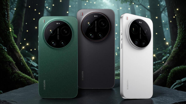 Tři chytré telefony Xiaomi 17 Ultra zobrazené zezadu v zeleném, černém a bílém barevném provedení s výrazným kruhovým modulem fotoaparátů Leica na tmavém pozadí lesa s rozsvícenými světluškami.