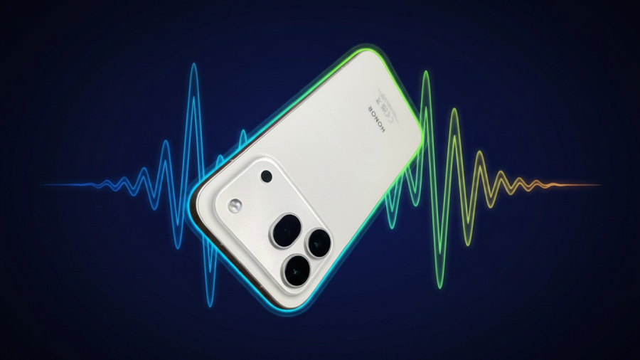 Barevné zvukové vlny obklopují zadní stranu telefonu HONOR 600 Pro a graficky znázorňují testovaný stereo zvuk reproduktorů.