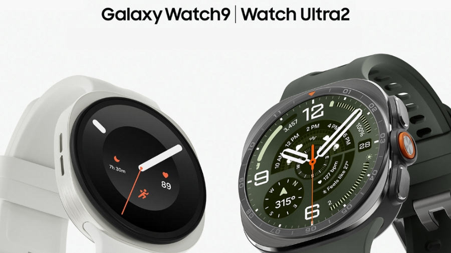 Srovnání chytrých hodinek Samsung Galaxy Watch9 v bílém provedení a odolnějších Galaxy Watch Ultra2 v tmavém designu.