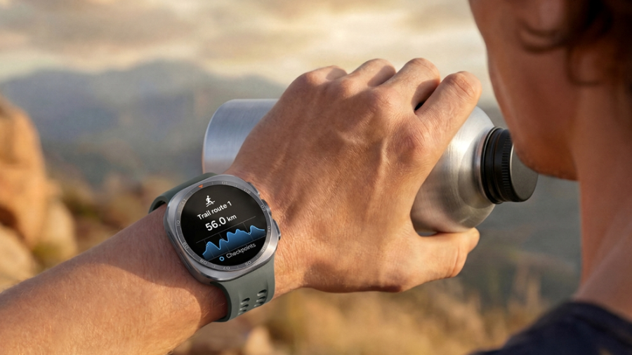Sportovec pije z lahve s vodou, na zápěstí má nasazené hodinky Galaxy Watch Ultra2 ukazující trasu trailového běhu.