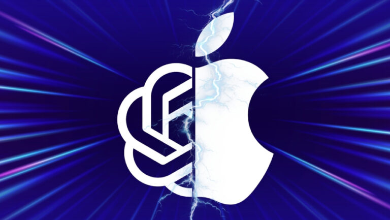 Grafika pro AI souboj mezi OpenAI a Apple ukazuje spojené logo ChatGPT a nakousnutého jablka. Obě poloviny rozděluje zářící elektrický blesk na tmavě modrém pozadí s rychlými světelnými paprsky.