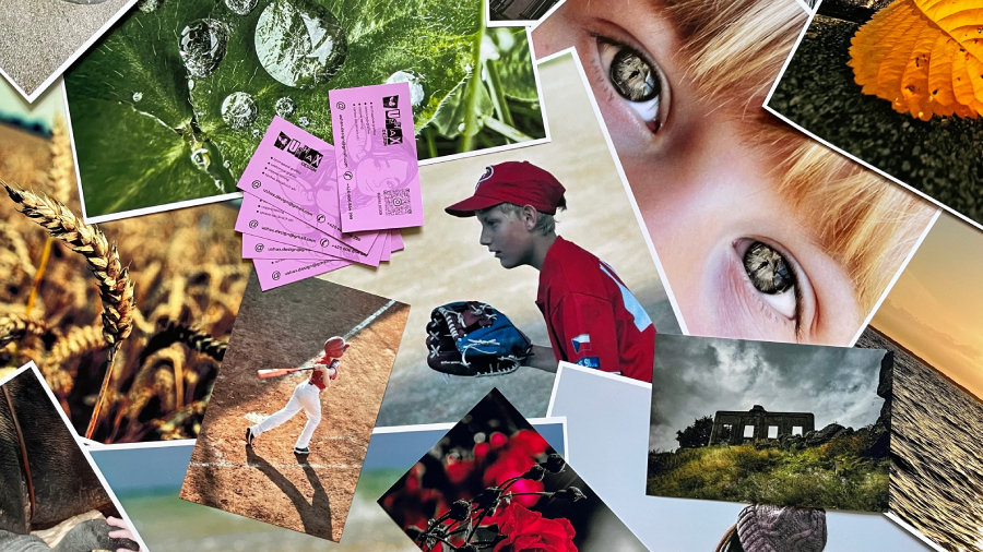 Rozmanitá koláž fotografií vytištěných na tiskárně Epson EcoTank L3366, která obsahuje snímky dětí hrajících baseball, detailů z přírody, portrétu oka a fialových vizitek s logem.